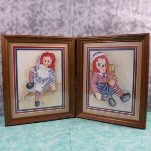 Vintage Raggedy Ann & Andy Framed Prints Set of 2 Folk Art Wall Decor